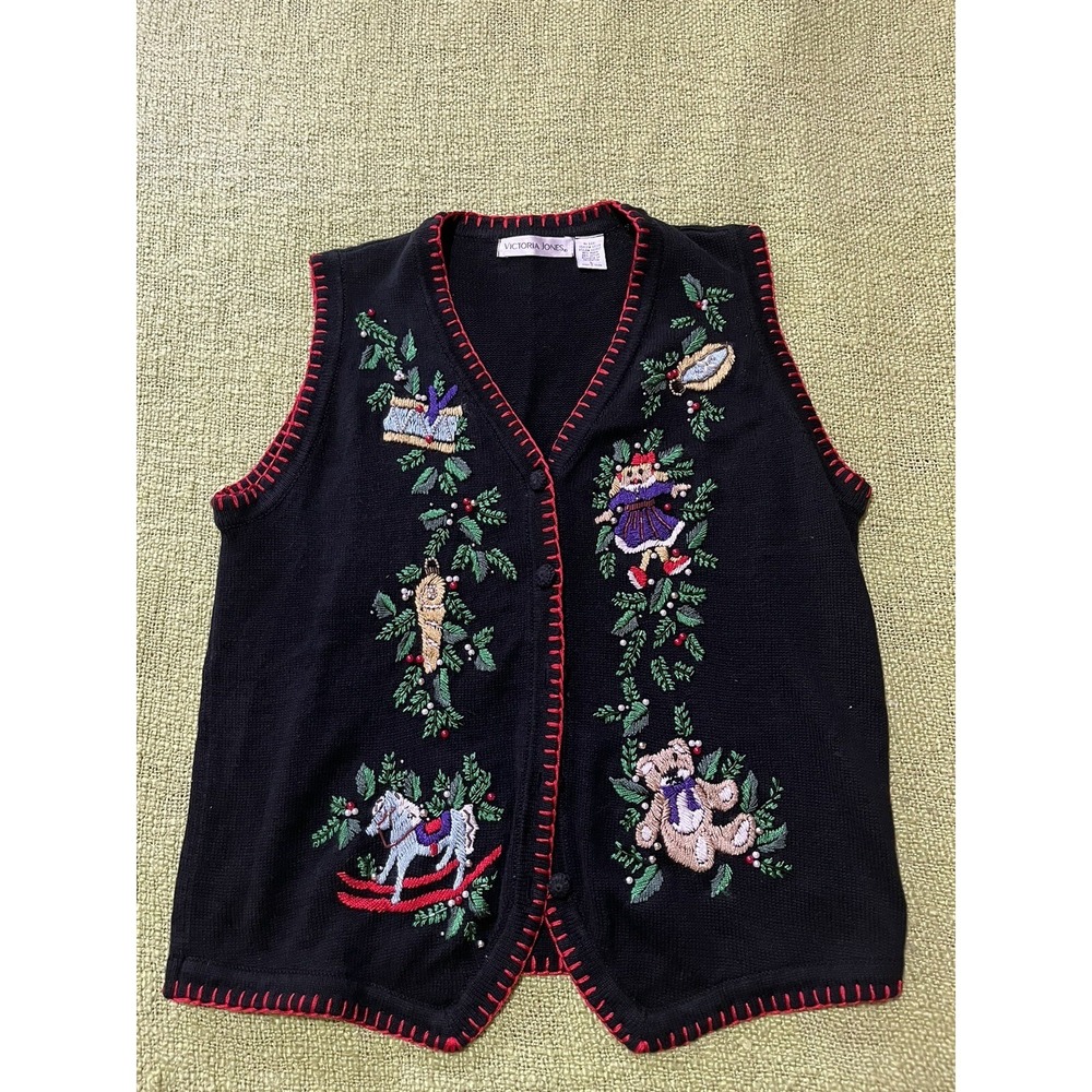 VICTORIA JONES‎ holiday vest  Womens L Embroidered Black , 90s Granny Core